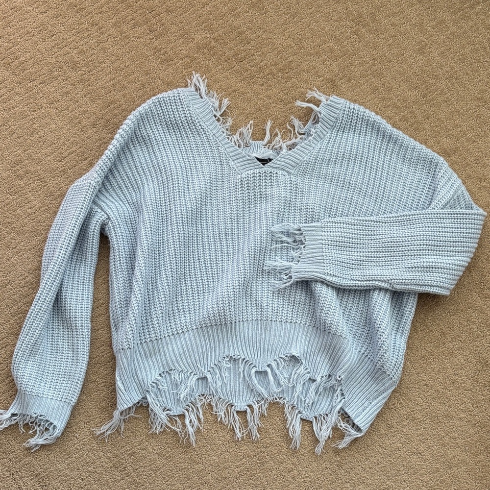 Polly & Esther Distressed V-Neck Sweater in Light Blue